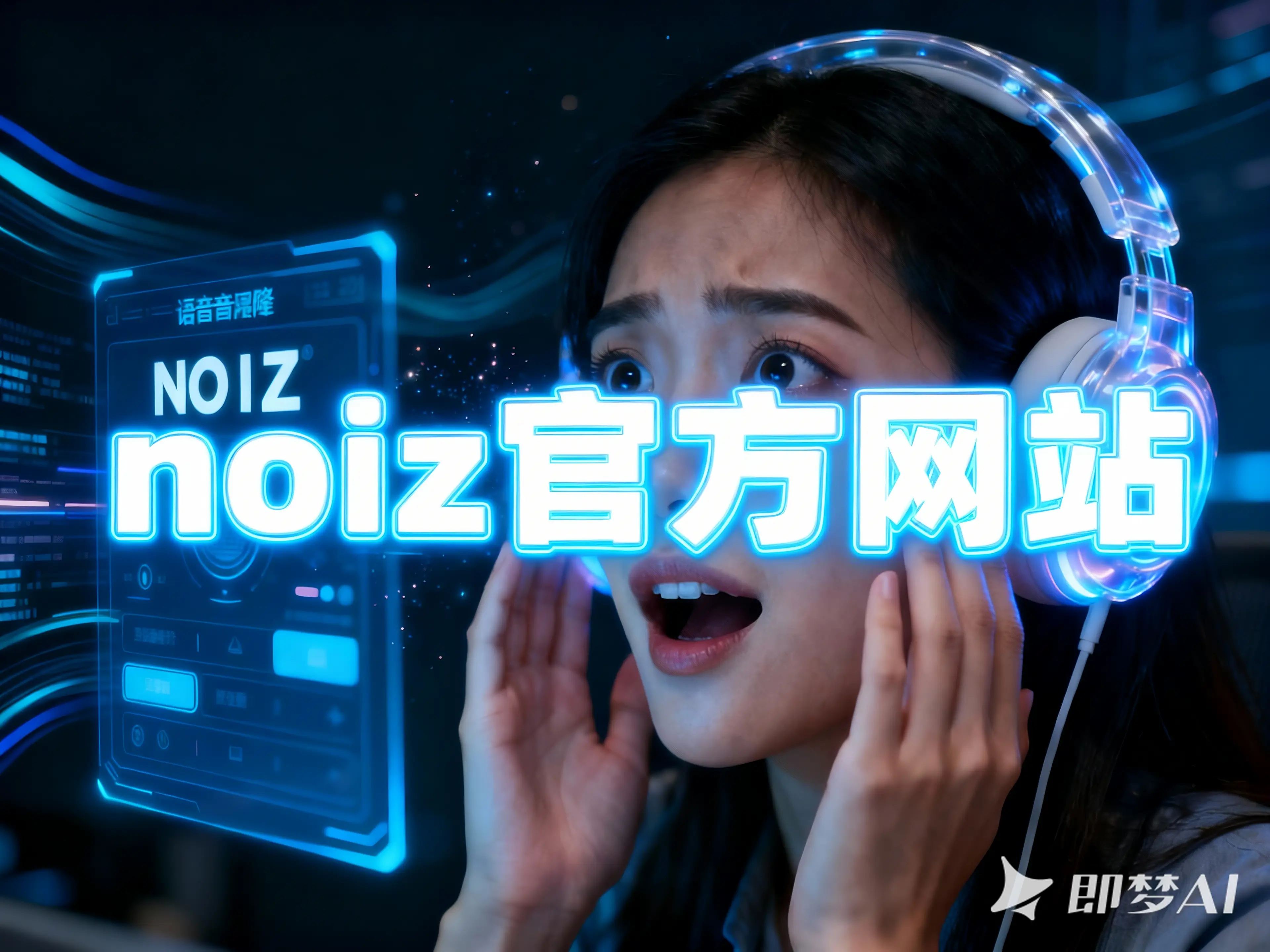noiz用户惊喜体验AI语音克隆技术,透明耳机与全息界面展现尖端科技。
